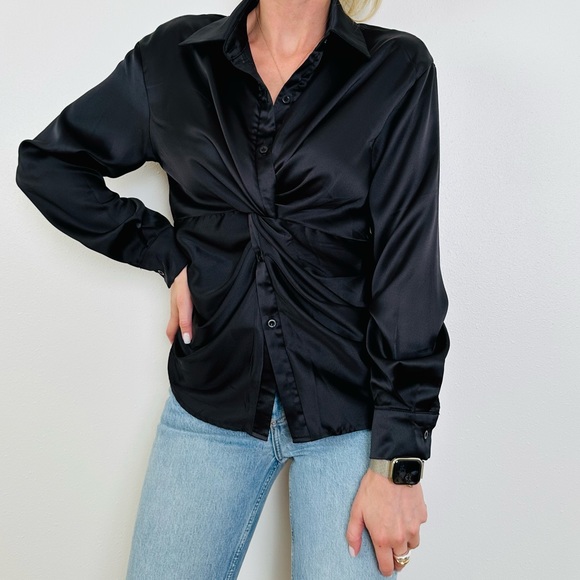 Shein Maite Perroni black satin solid front twist long sleeve blouse shirt - Picture 6 of 12
